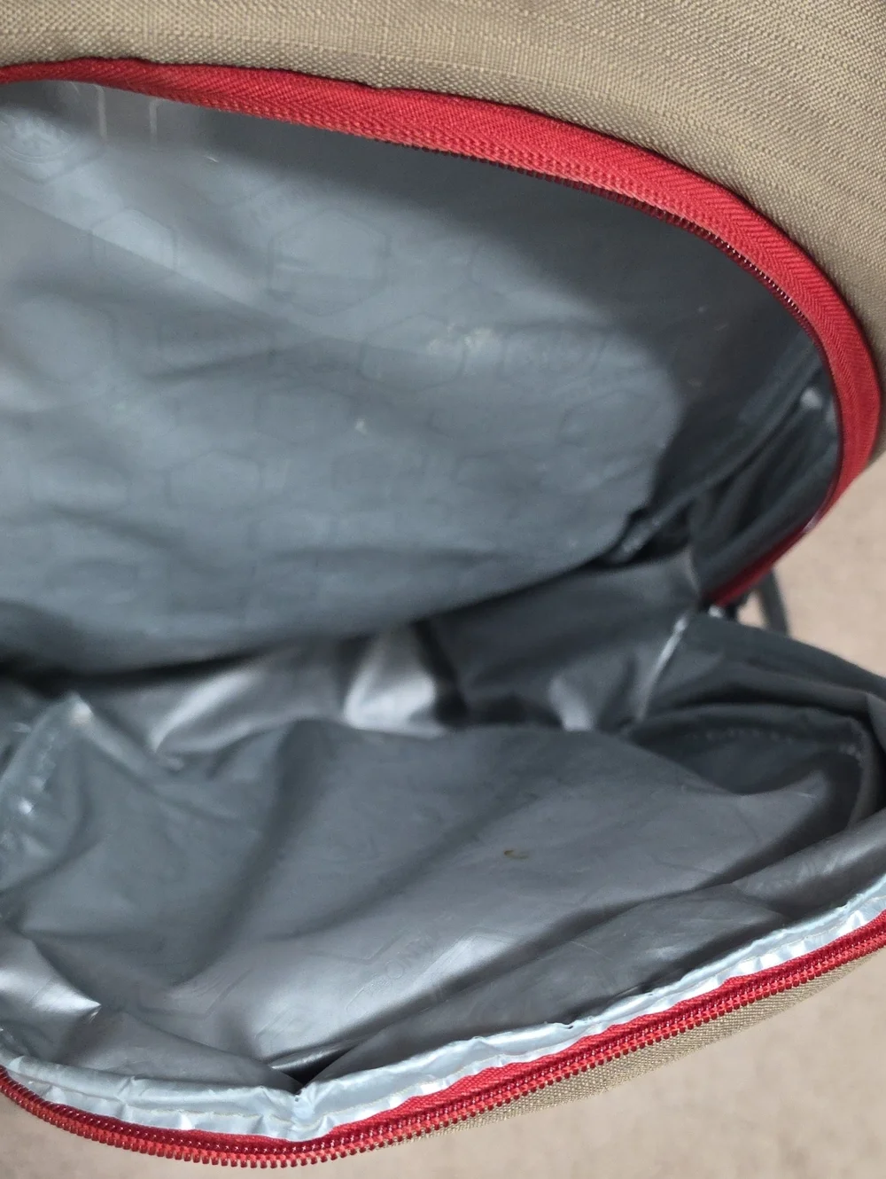 Coleman Gray and Tan Cooler Backpack with Red Cord Accents